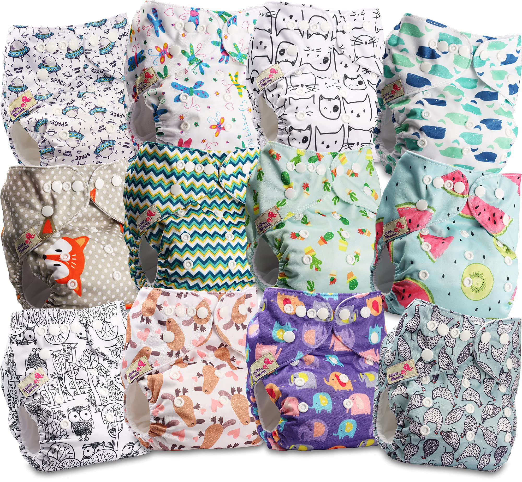 Littles & Bloomz 12 Reusable Pocket Cloth Nappies (Popper), P1203 | Gentle Comfort, Adjustable Fit for 0-3Y/3-15kg, Washable & Quick-Dry, Easy-Care, Multiple Insert Options Available Separately, 3-15kg