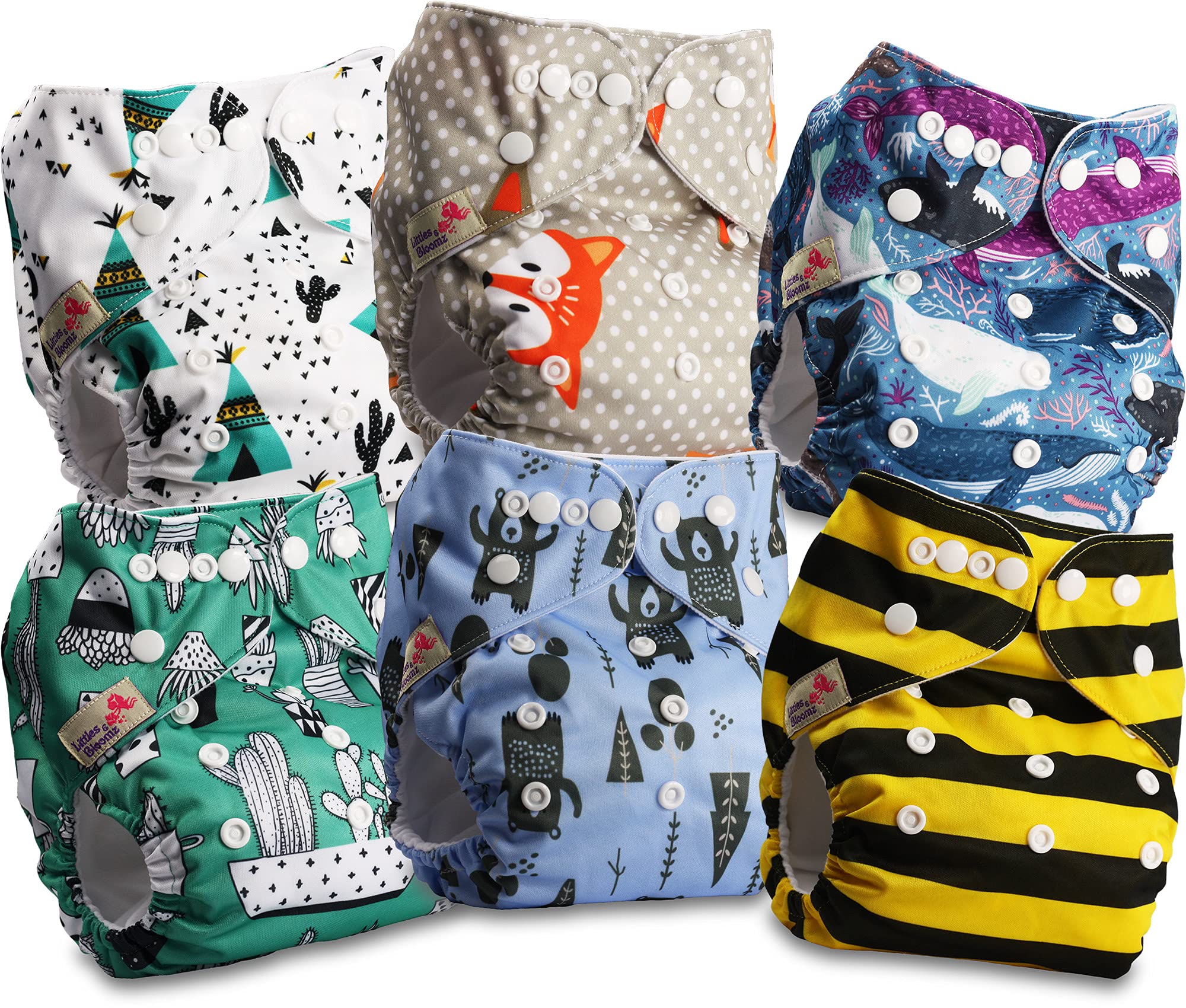 Littles & Bloomz 6 Reusable Pocket Cloth Nappies (Popper), P0605, One Size