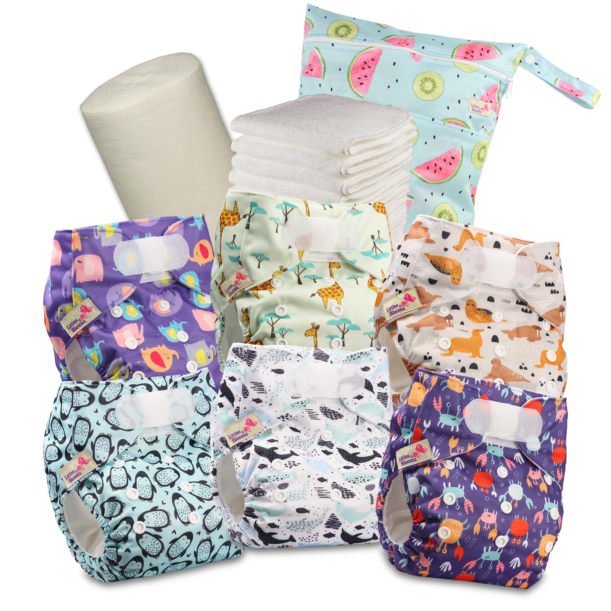Littles & Bloomz Reusable Pocket Cloth Nappies (Hook & Loop), 6-Pack, 618VM, One Size